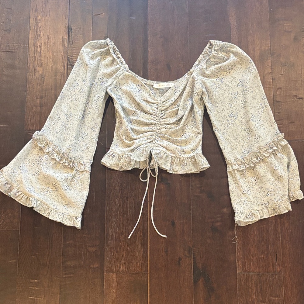 Altar'd State Light Green Floral Blouse with Ruffles